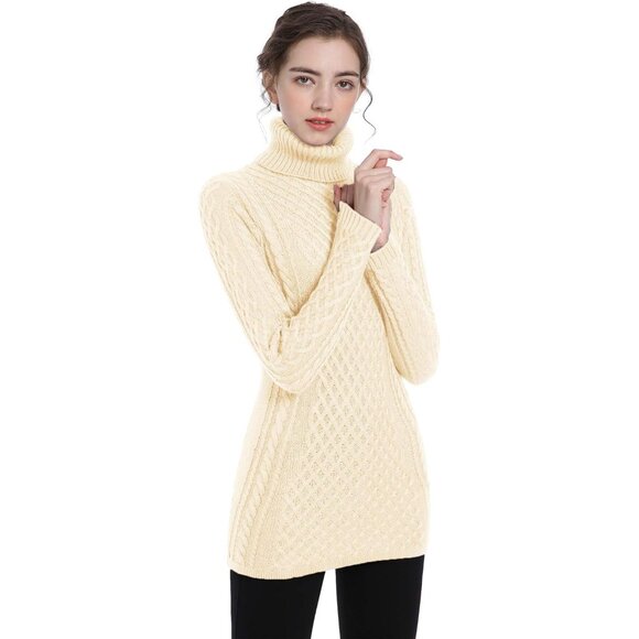 Women's Cable Knit Turtleneck Sweater Viscose Blend Fall Casual - Picture 2 of 5